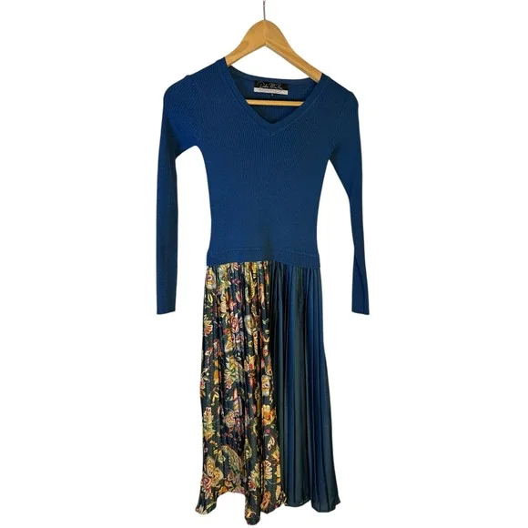 Dalia MacPhee Teal Ribbed Knit Paisley Pleated Midi Dress with Scarf Womens S - Picture 2 of 8